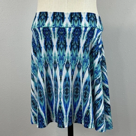 LuLaRoe A-Line Skirt Size 10 Multicolor Blue Geometric Pull On Knee Length Midi - Picture 3 of 12